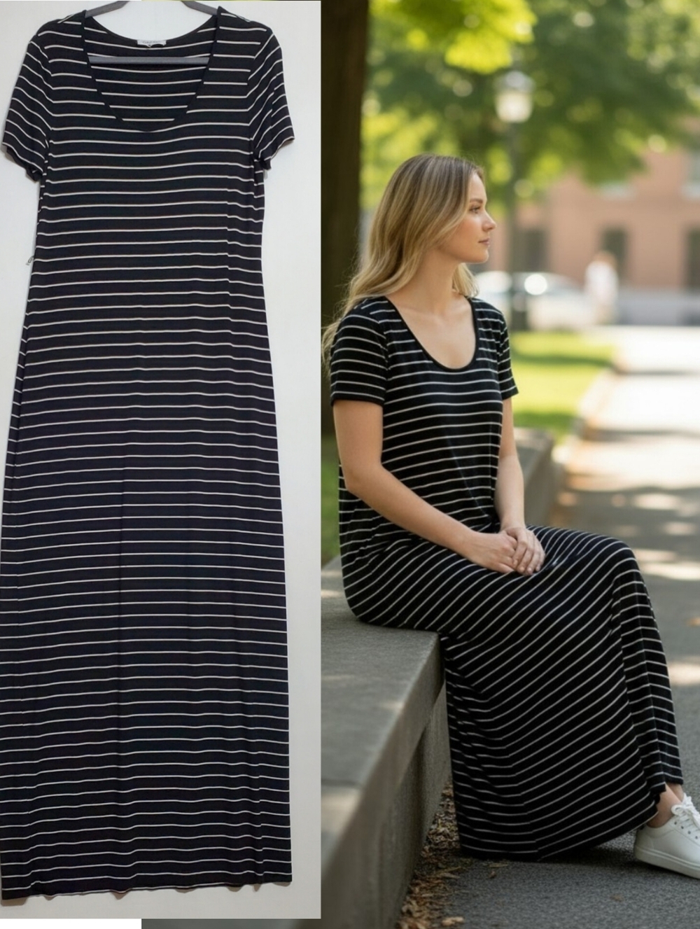 Calvin Klein medium striped maxi dress black scoop neck short sleeves summer